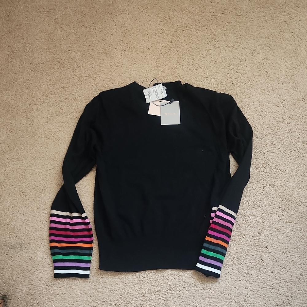 Black Sweater with Colorful Striped Sleeves